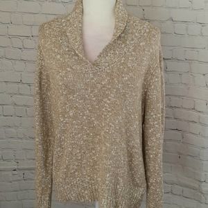 Sag Harbor Gold/White V-neck Long Sleeve Collared Sweater Size Large